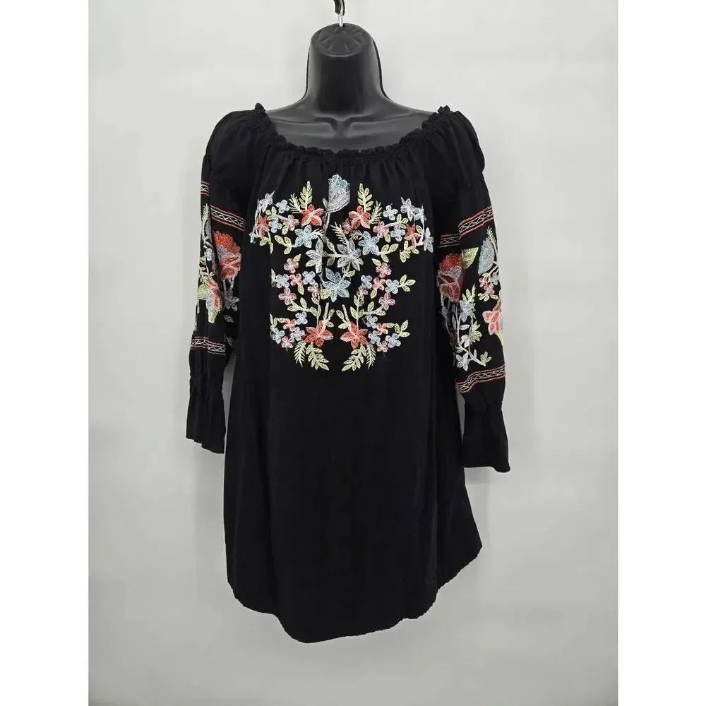 Free People Fluer Du Jour Dress Size XS Black Embroidered Floral Boho Summer